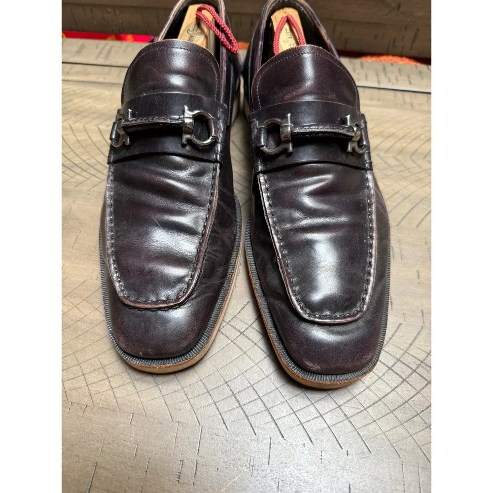 Salvatore Ferragamo Gancini Loafers Mens 8 Burgundy Leather Bit Dress Shoes